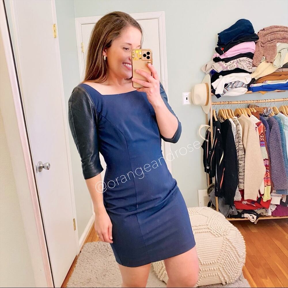 Black Halo Navy Blue Black Lamb Leather Sleeve Sheath Formal Mini Dress Small S